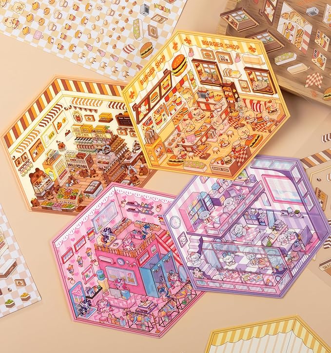 DIY 3D House Stickers, 4 Sets Fun DIY Stickers Scene Make Your Own Mini House Cute Cartoon Animal Scene Sticker for Kids Adult Sticker Art Relief Stress Pass The Time