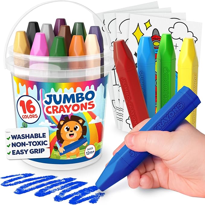 Jumbo Crayons For Toddlers 1-3 - 16pc Toddler Baby Crayons For Kids Ages 4-8 1-3 2-4 - Printed & PDF Coloring Sheets Non Toxic Washable Classroom Must Haves, Christmas Stocking Stuffers For Toddlers