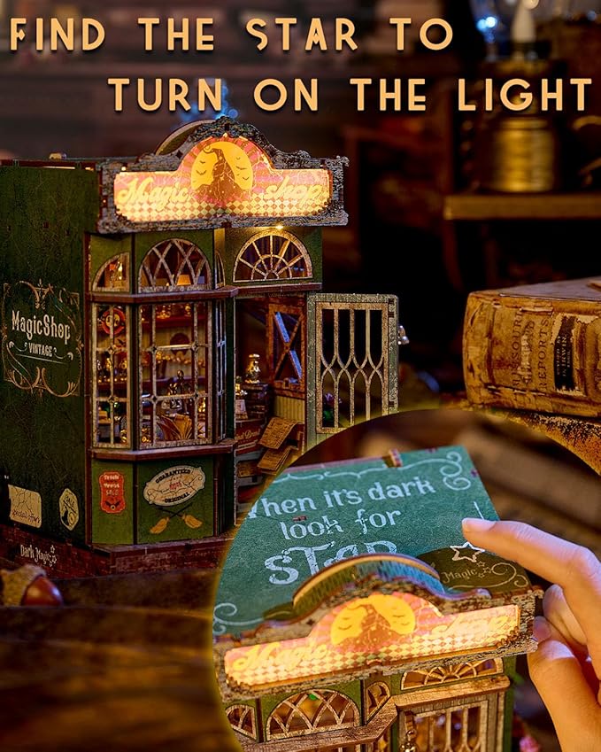 Book Nook Kit – Magic Shop DIY Miniature House with LED Lights, 3D Wooden Puzzle for Adults, Teens & Beginners – Bookshelf Decor Gift for Book Lovers & Families