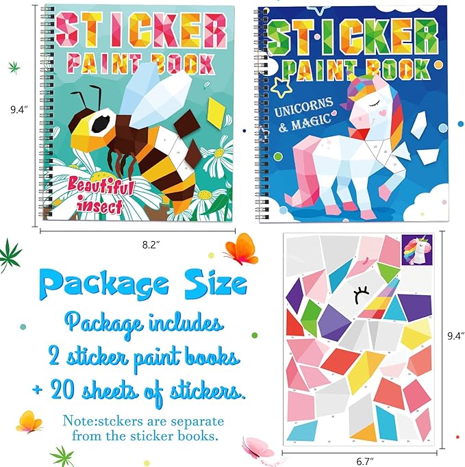 TBEEJ 2PCS Crafts for Kids Ages 4-8 Sticker Paint Books Includes Unicorn Queen Insect Witch Monster and More Designs Gift Party Create 20 Pictures（Sticker Sheets are Separate）