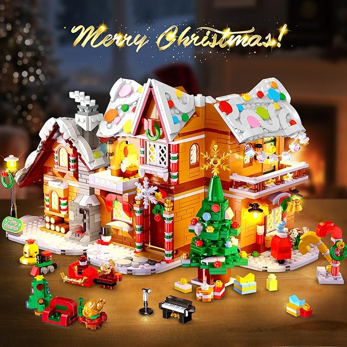2025 Christmas 3 Style Gingerbread House Building Set with Light - 1477PCS Christmas Village Castle Building Block Toy with Santa Claus Xmas Tree Train for Adults Kids Girls Boys Ages 6+