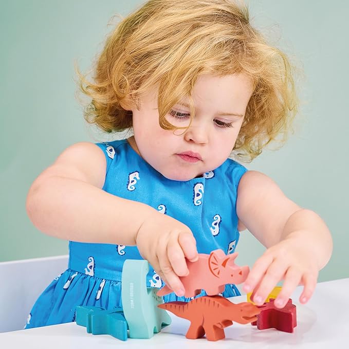 Mentari Toys - Happy Stacking Dinosaurs - 6pc Wooden Stacking Toy for Toddlers - Colorful Dinosaur Balancing Activity Toy with Bag - Boost Fine Motor Skills and Dexterity - Age 18m+
