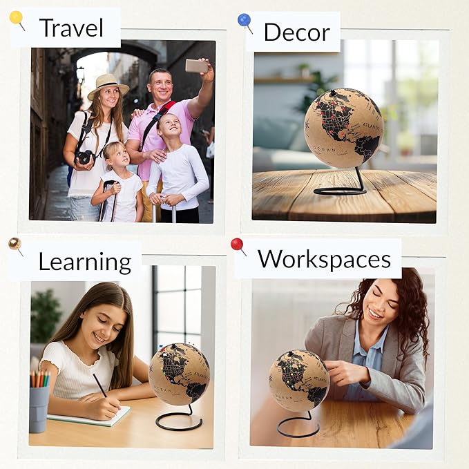 Mini Cork Globe 7.5" Tall | World Travel Map with Metallic & Colored Push Pins | 3D World Map Pin Board for Home or Office | Unique Gift for Travelers, Couples & Families Push Pins Map