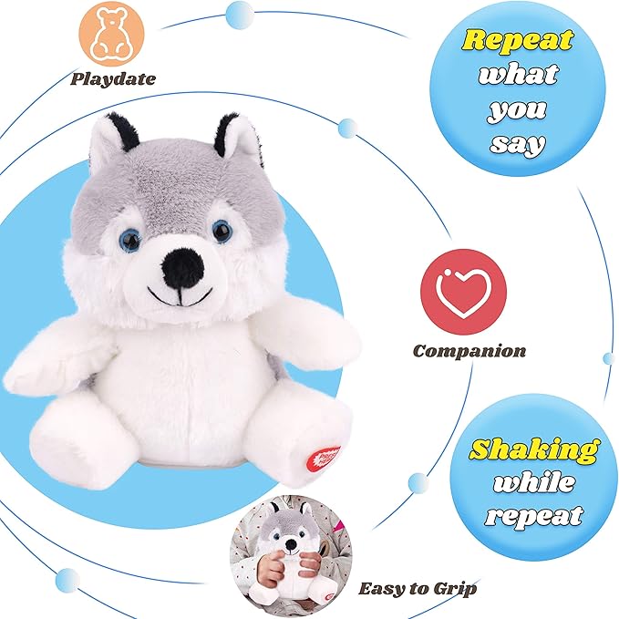 Hopearl Talking Husky Repeats What You Say Shaking Head Electric Interactive Animated Toy Speaking Plush Buddy Birthday Festival for Toddlers, 7.5''