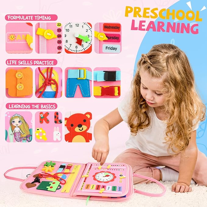 Toddler Busy Board, Montessori Sensory Toys for Boys, 1-4 Year Old Girl Toddler Travel Toys, Educational Learning Activities Board for Motor Skills, Birthday Gifts for Airplane Car, Pink