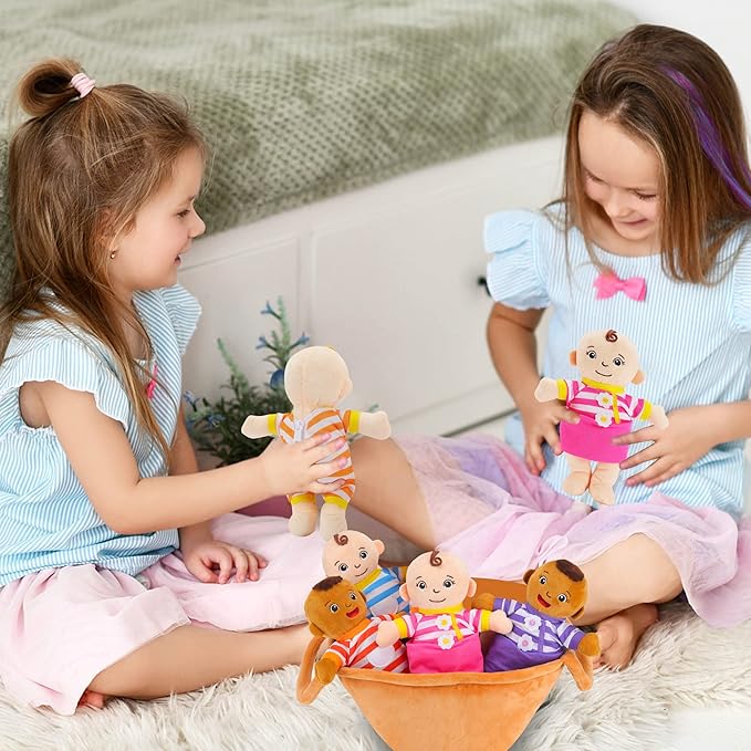 Basket of Babies Plush Dolls, 8" Plush Diversity Baby Dolls- 6 Piece Set Interchangeable Clothes Stuffed Plush Figures for All Ages Easter Gift