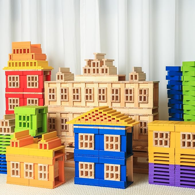 300pcs Open Ended Wooden Building Blocks for Kids 6.6lb, Natural Pine Rectangular Wood Building Toys，Construction Toys for Toddlers, STEM Building Set,Birthday Gift for Ages 3-8 (S 4.7"-Wood Color)