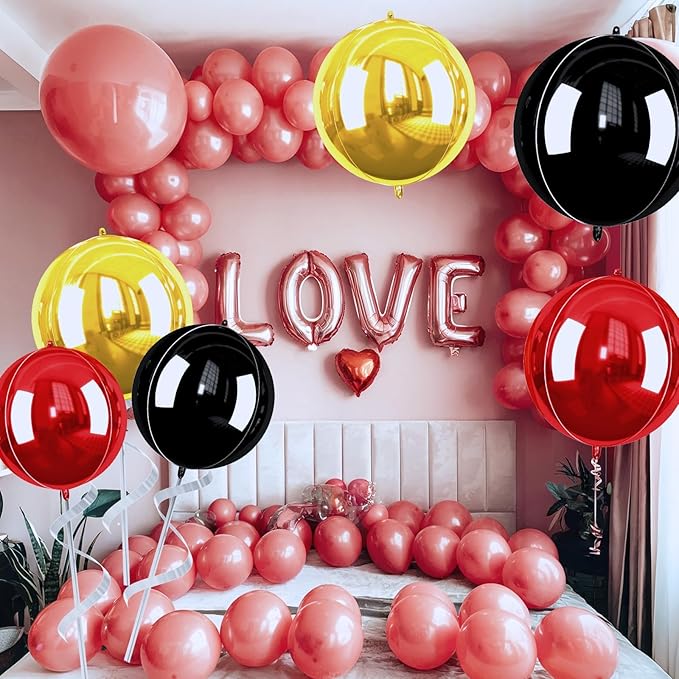 Black Gold Red Giant 4D Foil Balloons, 6 Pcs Large Metallic Black and Gold Round Balloons, 22 Inch Big Round Foil Balloon for Birthday Party Baby Shower Graduation Prom Wedding Decorations