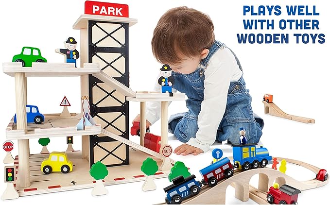 Imagination Generation Downtown Deluxe Wooden Parking Garage Ramp & Service Station Playset with Elevator, Signs & Accessories for Mini Toy Cars (19 pcs)