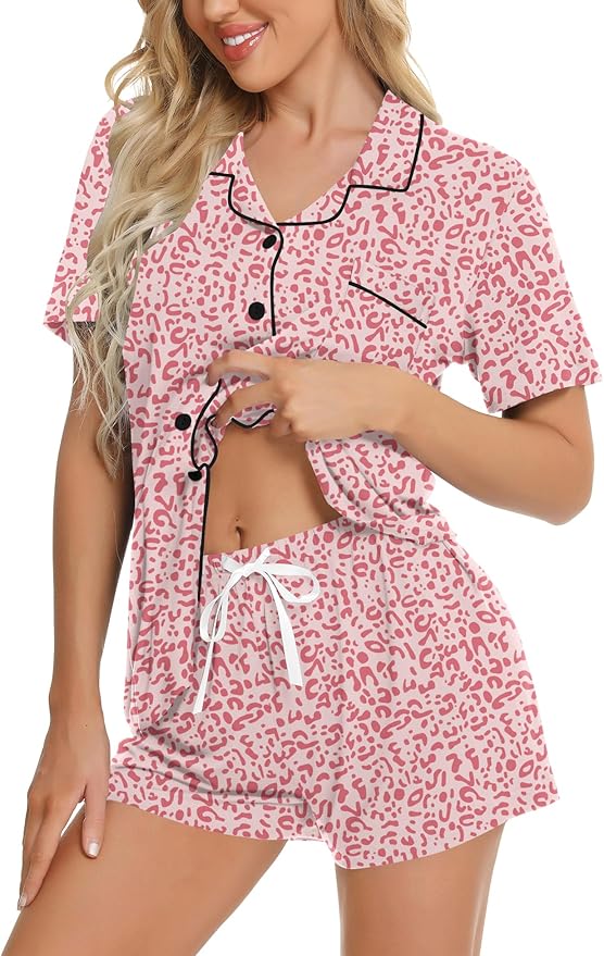 SWOMOG Womens Button Down Pajamas Set Short Sleeve Sleepwear Bride Soft Pj Lounge Sets XS-3XL