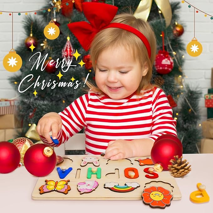 Baosity Personalized Name Puzzle for Kids, Custom Wooden Puzzles for Toddler 1-3, Baby Toddler Toys for 1 Year Old, Personalized Christmas Birthday Gifts for Boy & Girl