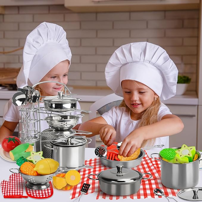 95PCS Kids Pretend Play Kitchen Toys Accessories, Kids Kitchen Playset, Stainless Steel Cookware Pots and Pans Cooking Toys, Pretend Cutting Play Food Set