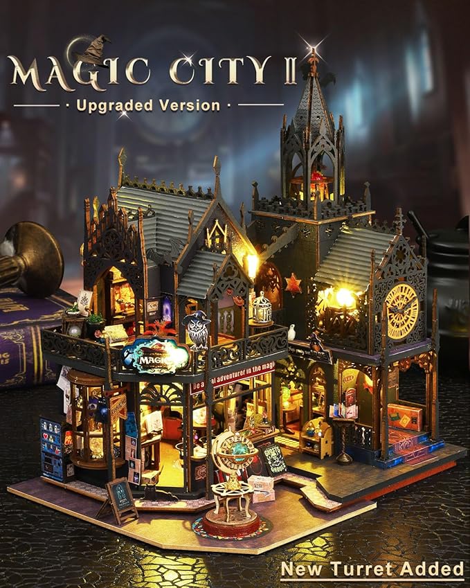 Miniature House Kit Magic City Ⅱ, DIY Miniature Dollhouse Kit for Adults, Tiny House Unique Decor with LED Lights, Wooden Craft Mini Model Kits, Birthday Gift for Teens Family Friends