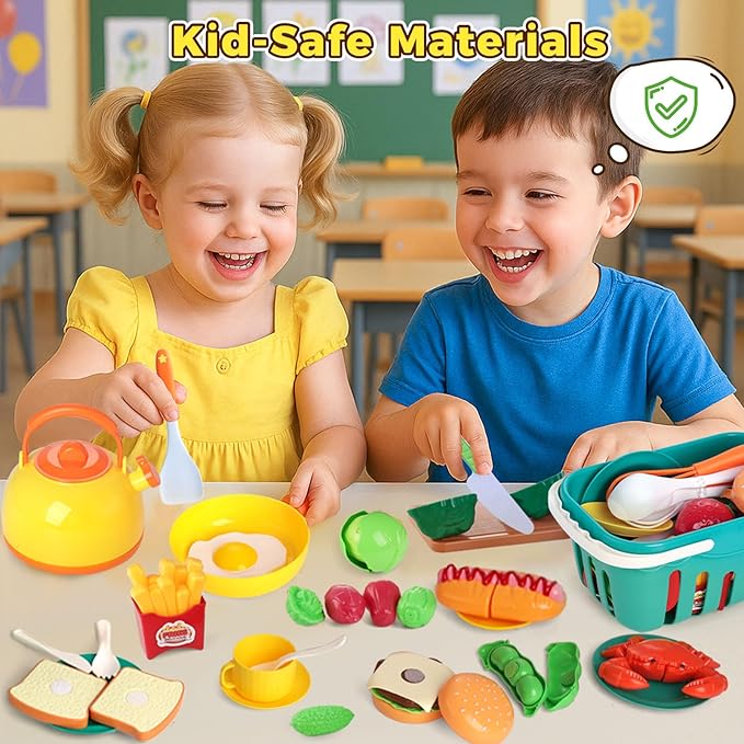LovesTown 59PCS Pretend Play Food Set for Toddler, Yellow Toys Pots and Pans for Kids with Basket Kitchen Toys for Girls Boys Birthday Gifts