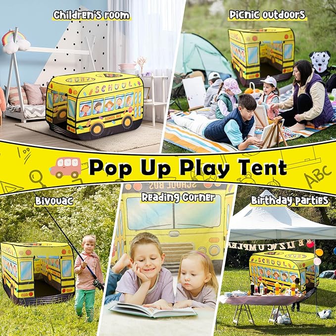 Pop up Play Tent for Kids Aged 1-3 Years Old Boys and Girls : School Bus Tent Playhouse Toy Play Tents for Toddlers 3-5 Kids Tent Indoor Outdoor Playhouse Toys for 1 + Year Old, School Bus