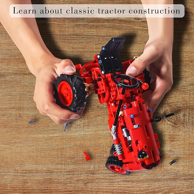 Classic Building Blocks 1/12 Red Tractor Farm Toy Building Set Gift for Kids Ages 6 7 8 9 10 11 12 Includes Shifting Structure, Steering Structure Features (Classic Edition)