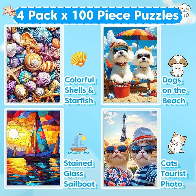 4-Pack 100 Piece Puzzles for Kids Ages 4-6 6-8 8-10, Shells Sailboat Cats & Dogs Jigsaw Puzzles, Fun & Engaging Kids Puzzle, for Boys and Girls Puzzle Toys as Home Decor