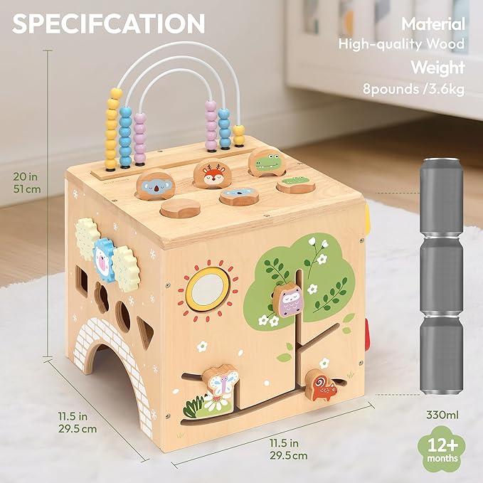 9-in-1 Wooden Activity Cube Baby Busy Board, Montessori Toys for Toddler Play Activity Center, Early Educational Toys with Shape Sorter, Abacus & Gear Toy, Sensory Gifts for Boys Girls