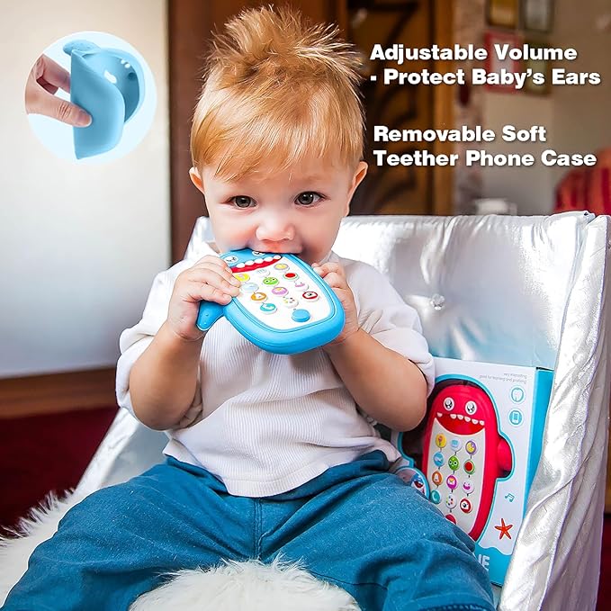 Baby Shark Cell Phone Toy Removable Teether Case, Light, Music & Adjustable Volume Kids Play & Learn Fake Phone Infant Toddler, Preschool Holiday Birthday Present for Girl Boy 12 Months (Blue)