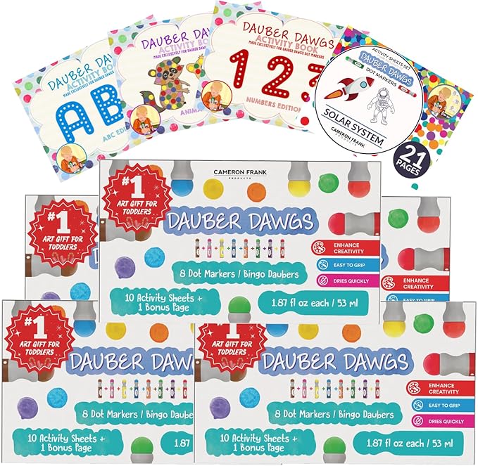 40 Dauber Dawgs Washable Dot Markers for Toddlers - Bingo Markers for Dot Art w/ PDF Activity Books, Dot Paints Washable for Kids, Bingo Dabbers Dotters & Dobbers, Holiday Gifts Daubers, Dot Painting