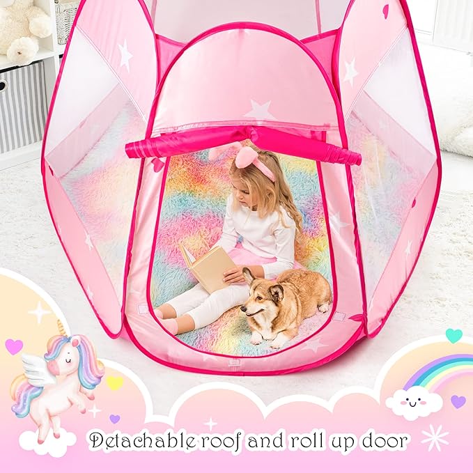 Princess Castle Girls Play Tent with Rainbow Rug Star Lights Pop Up Play Tent for Toddlers Kids DISHIO Playhouse Toys for 1,2,3 Years Birthday Gifts Fairy Girls Tent with Mat Indoor Outdoor Kids Play