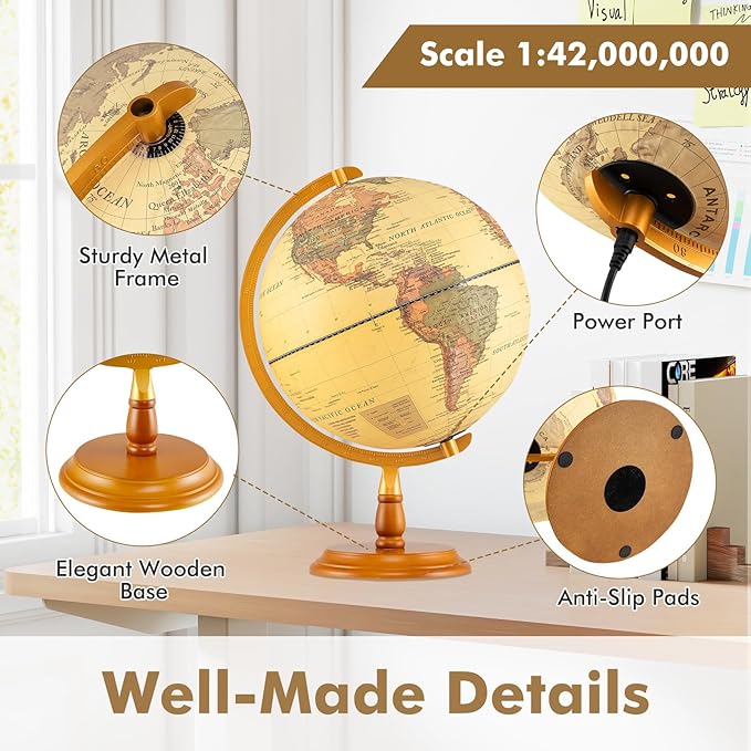 COSTWAY 12” Illuminated World Globe, Geography Educational Globe with Built-in LED Night Light, Wooden Stand, Clear Map for Kids & Adults Learning, Desktop Globes for Students, Decoration (Bronze)