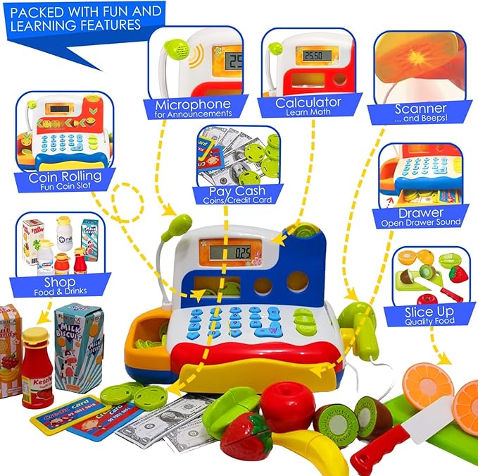FUNERICA Toy Cash Register - with Large Interactive Coins Great for Toddlers - Scanner, Microphone, Calculator. Includes Grocery Food, Cuttable Fruit, Pretend Play Money - for Toddlers and Kids