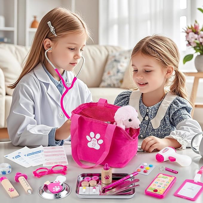 Doctor Kit for Kids Girls, 36 Pcs Veterinarian Playset for Kids, Doctor Kit for Toddlers 3-5 with Dog Toy & Real Stethoscope, Kids Vet Kit Pretend Play Doctor Toys, Doctor Play for Kids