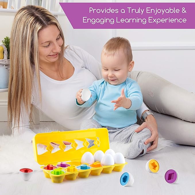 Play Brainy Shape and Color Matching Eggs – Easter Egg Toy – Educational Montessori STEM Toy for Toddlers and Preschoolers – Great for Color and Shape Recognition Development – Set of 12 Shape Eggs,