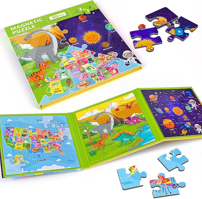 Magnetic Puzzles for Toddlers 3-5, 3 Pack Travel Puzzles for Kids Ages 3-6 with 60 Magnetic Pieces, Dinosaur, Solar System & Map Puzzles, Road Trip Activities Toys & Birthday Gifts for Boys Girls