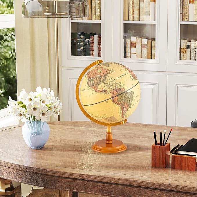 COSTWAY 12” Illuminated World Globe, Geography Educational Globe with Built-in LED Night Light, Wooden Stand, Clear Map for Kids & Adults Learning, Desktop Globes for Students, Decoration (Bronze)