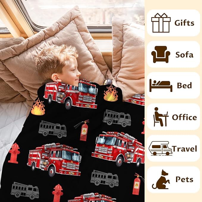 Boys Blanket Gift Fire Truck Throw Blankets for Kids Adults Birthday, 60x80 Inches Lightweight Cozy Decor Throw for Sofa Couch Bedroom Office