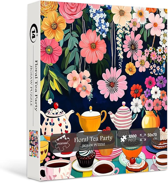 Flower 1000 Piece Puzzle for Adults, PICKFORU Colorful Tea Cups Wildflower Garden Jigsaw Puzzles, Hard Difficult Cupcake Afternoon Tea Theme as Art Decor
