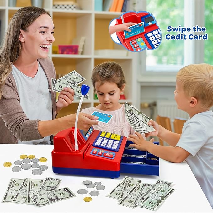 Calculator Cash Register Toy Gift for Kids Age 3, 4, 5, 6, 7, 8+ Year Old, 120 Pcs Grocery Store Playset with Microphone, Grocery Boxes, Credit Card, Red Play Cash Register for Toddlers Kids 4-8