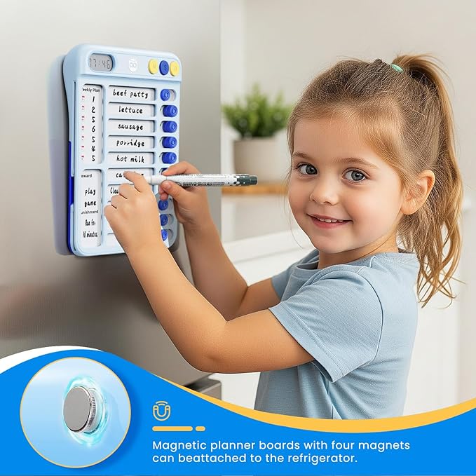 Magnetic Chore Chart for Kids with Timer, Visual Schedule for Kids, ADHD Tools for Kids to Do List, Checklist with 99-Min Countup/Countdown Chore Board with Sliders & 12 Dry-Erase Sheets (Blue)
