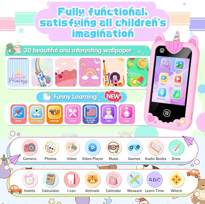 Kids Smart Phone for Girls, Kids Toys Cell Phone 2.8" Touchscreen Toddler Learning Play Toy Phone with Dual Camera, Game, Music Player, 8GB Card Birthday Gifts for Girls Boy Age 4-12(Pink)