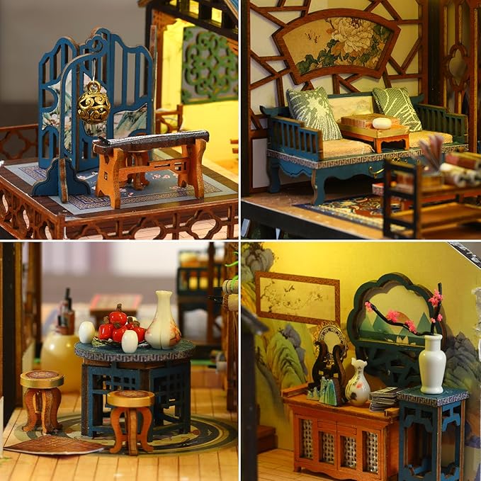 DIY Miniature House Kit: Villa Tiny House Kit with LED Light - DIY Wooden Dollhouse Miniature Kit for Adults Teen, Wooden Crafts Vintage Courtyard Doll House Kit, Great Handmade Crafts Gift