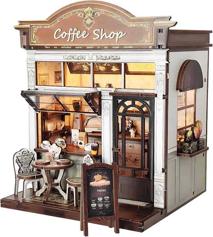 DIY Miniature House Kit, Coffee Shop Book Nook Kit, Mini Building Kit, Dollhouse Kit for Adults and Teens, 3D Wooden Puzzles with LED Light, Craft Kit for Family and Friends(Retro Coffee Shop)