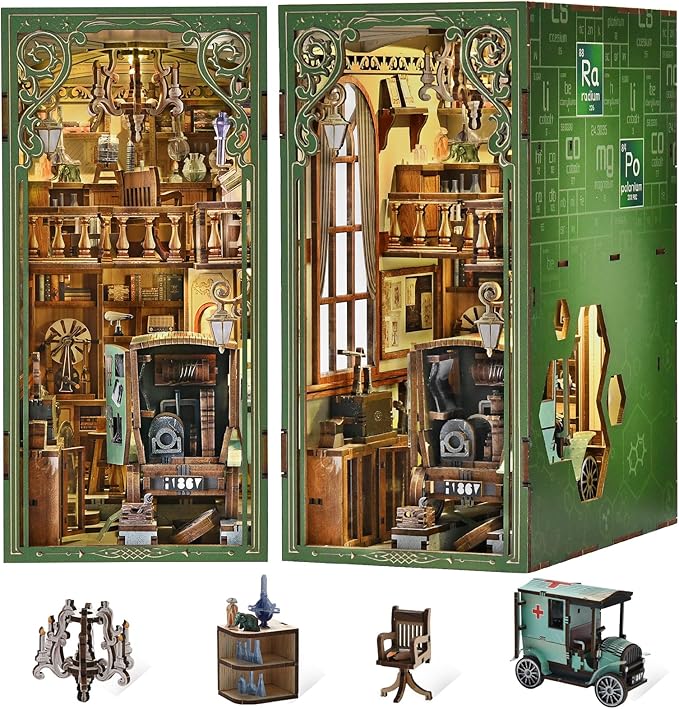 DIY Book Nook Kit, 3D Puzzles for Adults, Miniature Dollhouse Booknook Kit with LED Light, Gifts for Book Lovers (The Radium Lady)