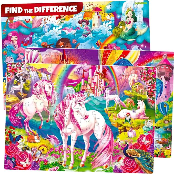 QUOKKA 100 Piece Puzzles for Kids Ages 8-10 – 3XSET Puzzles for Kids Ages 4-6 – Search & Find Mermaids Unicorns Kid Activities Included for 5-8 Year Old – Toddler Learning Toy Game Gift for Girls