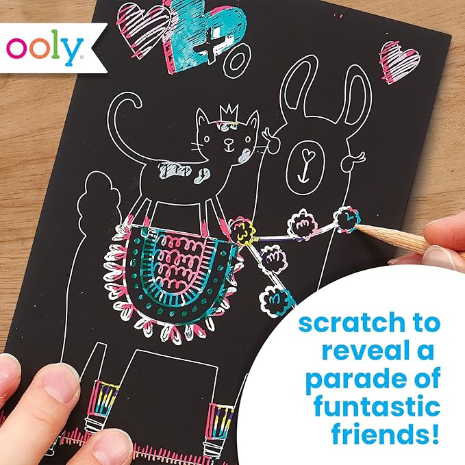 Ooly Mini Scratch & Scribble Art Kit - 6 Card Rainbow Scratch Art Set Gifts for Kids, Travel-Friendly Craft Kit, Scratching Tool Included - Funtastic Friends
