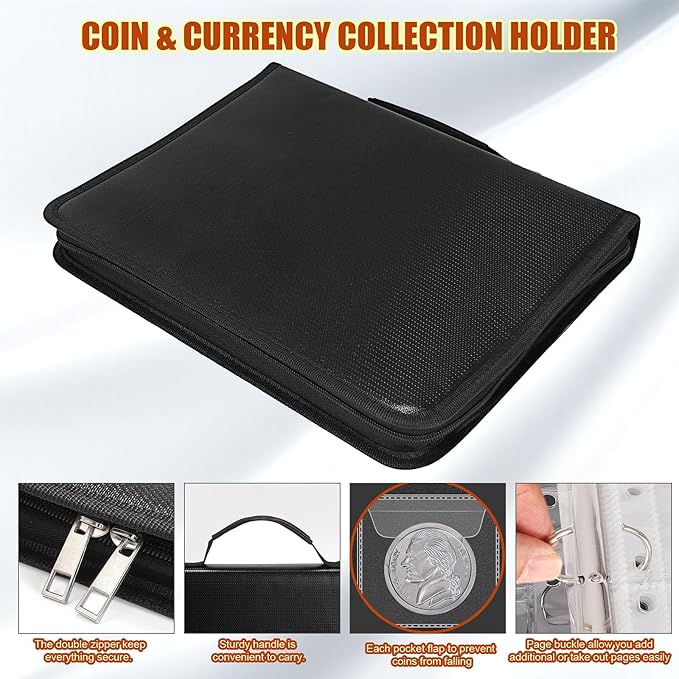 Coin Collection Book Holder for Collectors, 300 Pockets Fireproof Coins Collecting Album & 36 Sleeves Money Storage Case for Coin Currency Collection Supplies, Bill, Pennies, Quarters, Stamp