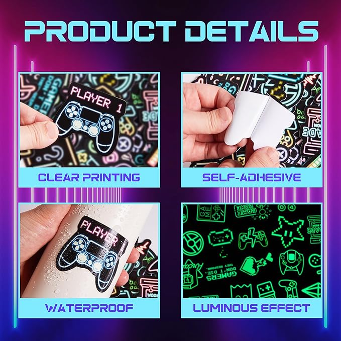 51 Pcs Neon Game Stickers for Kids Glow in The Dark, Gamer Inspirational Sticker for Water Bottle, Vinyl Waterproof Laptop Decals for Teens Girls Boys, Students Adults Sticker Pack