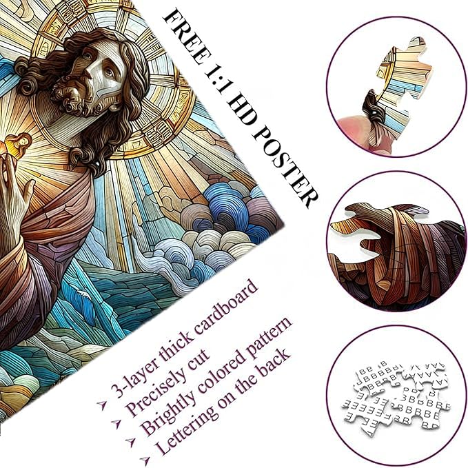 1000-piece Color Lines-Light Sacred Heart of Jesus Adult Wooden Puzzle, Intellectual Challenge, Stress-Relieving Puzzle, Relaxing Family Activity, Decoration, Size: 29.5 x 19.7 in
