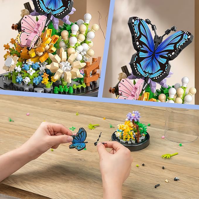 QLT QIAOLETONG Flower Bouquet Building Kit for Adults, 530 PCS Animals Flowers Botanical Collection Mini Building Blocks Set, Valentine's Day for Her Mom Women Wife Girlfriend (Butterfly)