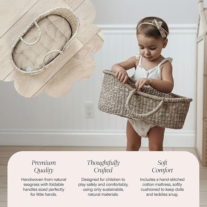 BEBE BASK Premium Baby Doll Bassinet - Handcrafted & Award-Winning Seagrass Moses Basket - Doll Carrier with Luxe Mattress