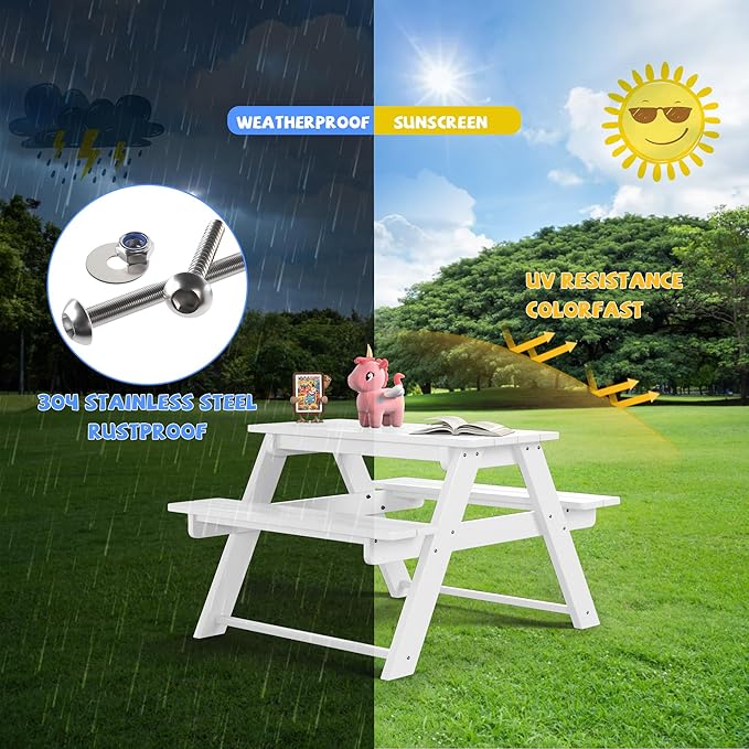 Costaelm Kids Picnic Table, HDPE All Weather Outdoor Toddler Picnic Table and Chair Set Kids Bench for Patio, Backyard, Garden, Lawn, White