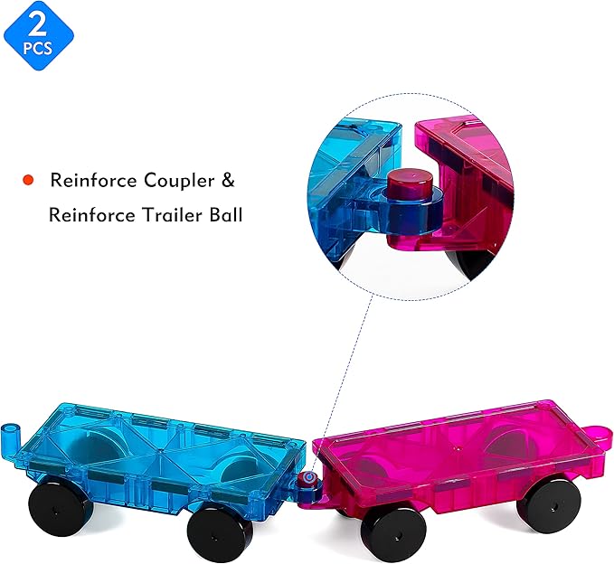 Magnetic Tiles Car Set Truck Kit Toy with Stronger Magnets, Educational Magnet Cars with Re-Enforced Hitch and Long Bed for Girls Boys Toddler Ages 3+ (Blue & Purple)