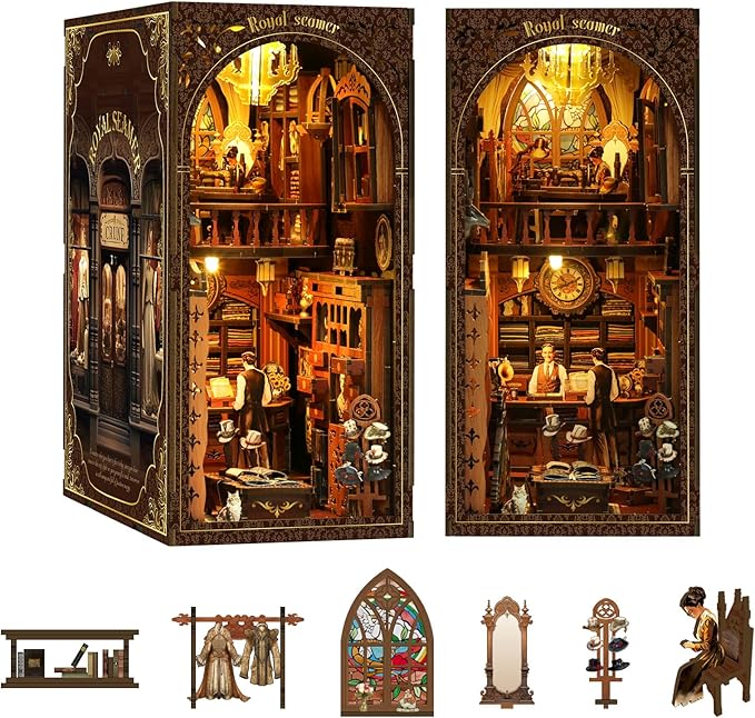 Book Nook Kit - DIY Miniature Dolls House Kit with Furniture and LED Light, 3D Puzzle Wooden Art Bookends, Model Kits for for Adults and Teens (Royal Tailor Shop)