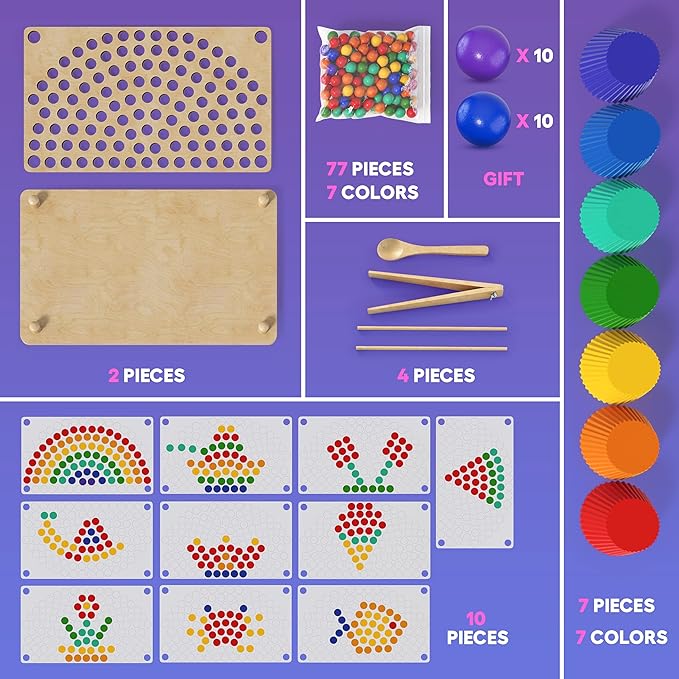 Toddler Wooden Learning Montessori Toys – Wooden peg Board Bead Game Baby Rainbow Stacking Matching Counting Color Sorting Games for fine Motor Math Skills Boys and Girls for 3 4 5 Years Old